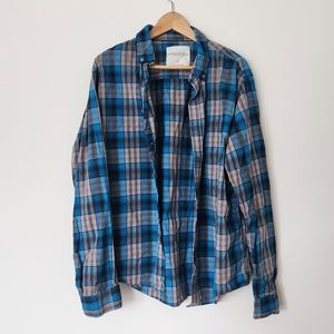 AEROPOSTALE Blue Plaid Button Down Shirt Gray Black Check Cotton Men's Large‎